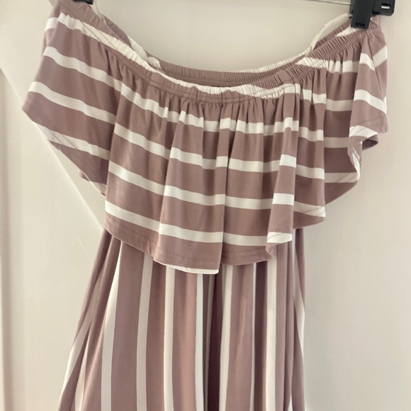 NEW, Tan & Cream Stripe Shift Dress, Wear On or Off The Shoulder, Sz Med, Flowy - Picture 4 of 5